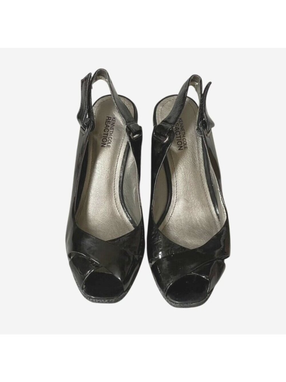 Kenneth Cole Reaction Black Patent Leather Peep Toe Slingback Wedge Heels Womens - Picture 3 of 13